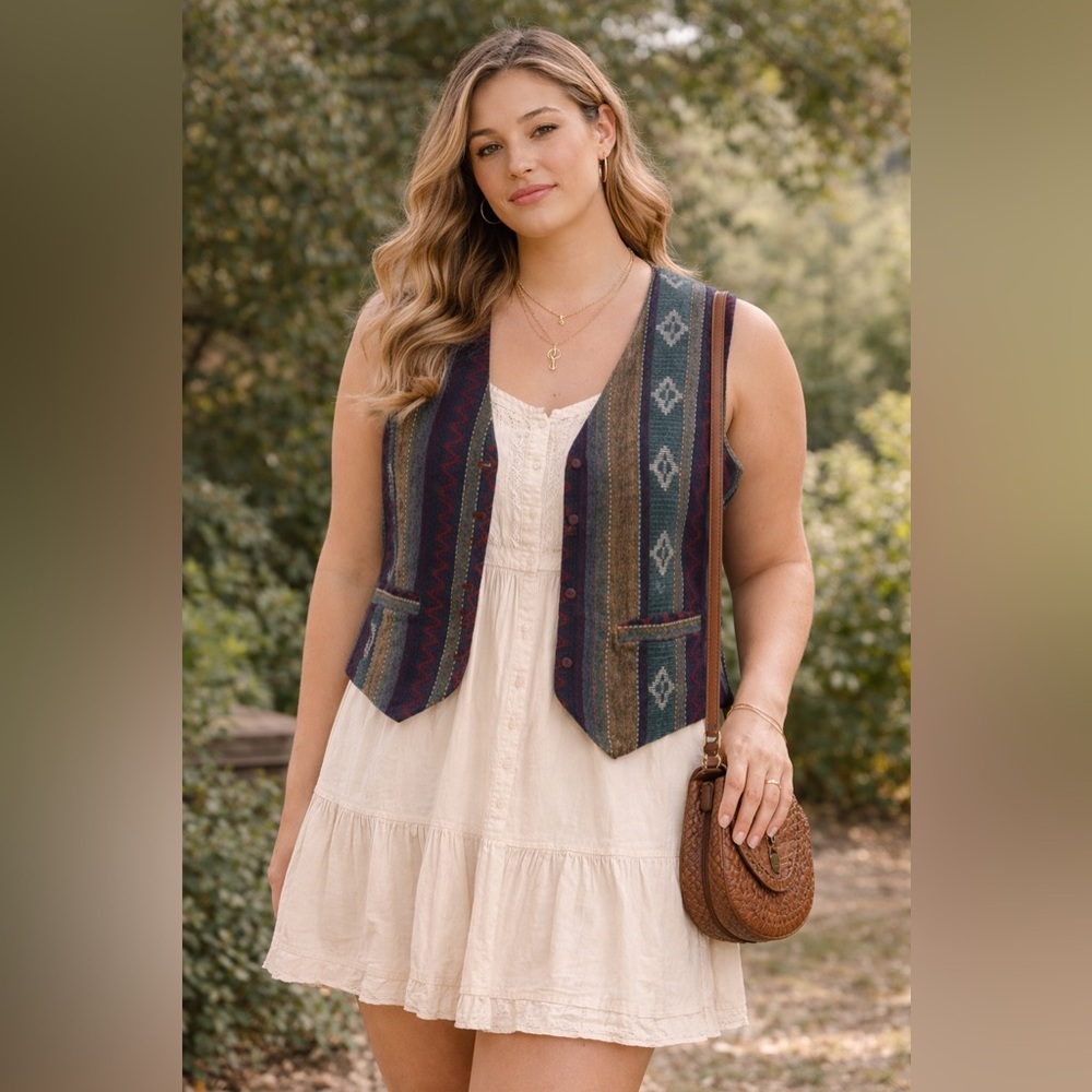 Vintage Everblue Southwestern Boho Vest Embroidered Striped Festival Layer